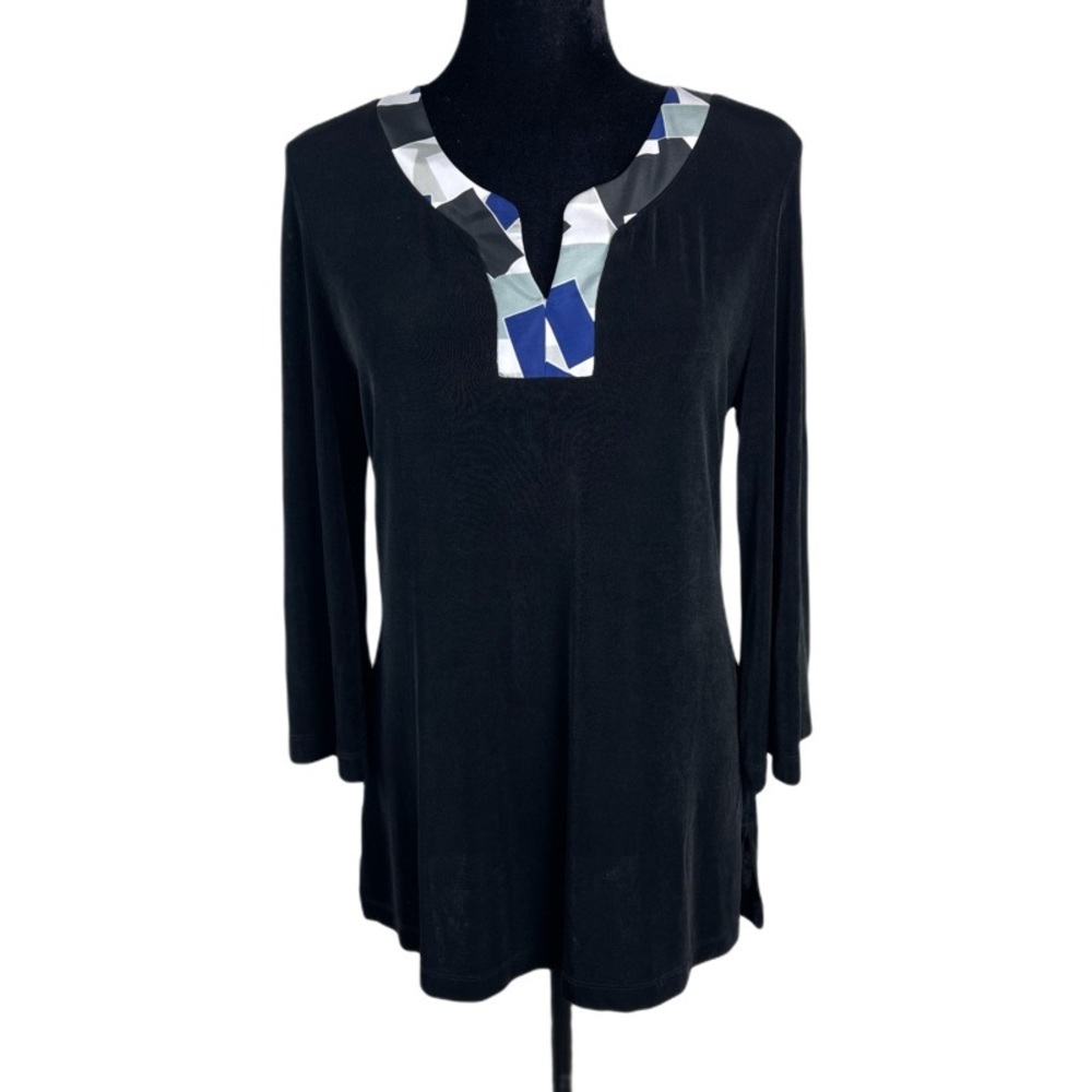 CHICO'S Travelers Size 1 M Black Stretch Knit Tunic Top Contrast Collar Blouse